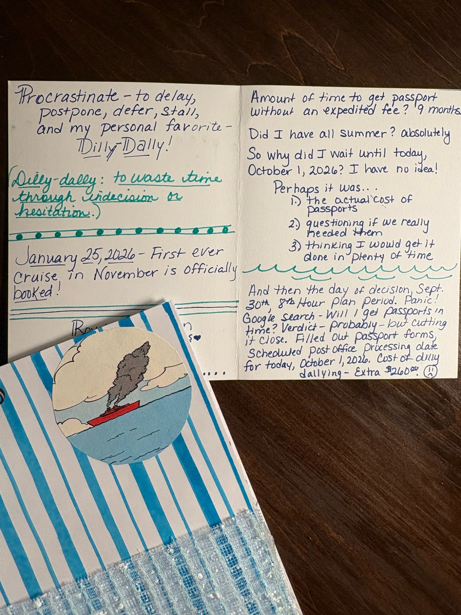 Handwritten Passport Panic journal entry with part of the writing intentionally covered by the handmade striped journal page and boat cutout.